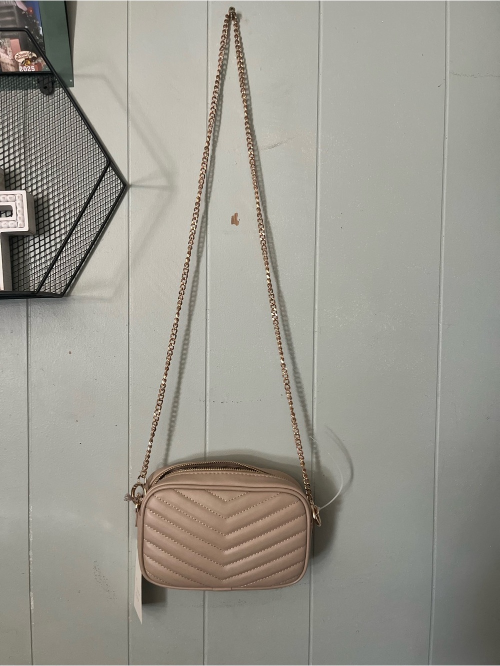 Quilted Crossbody Bag in Beige with Gold Chain